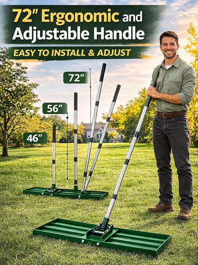 30x10 inch Lawn Leveling Rake, Yumatum 72" Effort Saving Lawn Leveler Tool, Stainless Steel Handle Lawn Leveler for Golf Course Yard Pasture Garden, Professional Lawn Care Landscape Rake(Green)