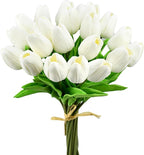 Mandy's Pure White Artificial Tulips Flowers Centerpiece, 13.5" Lifelike PU Fake Floral Stems 20pcs for Kitchen Island & Dining Table, Spring Decor for Easter