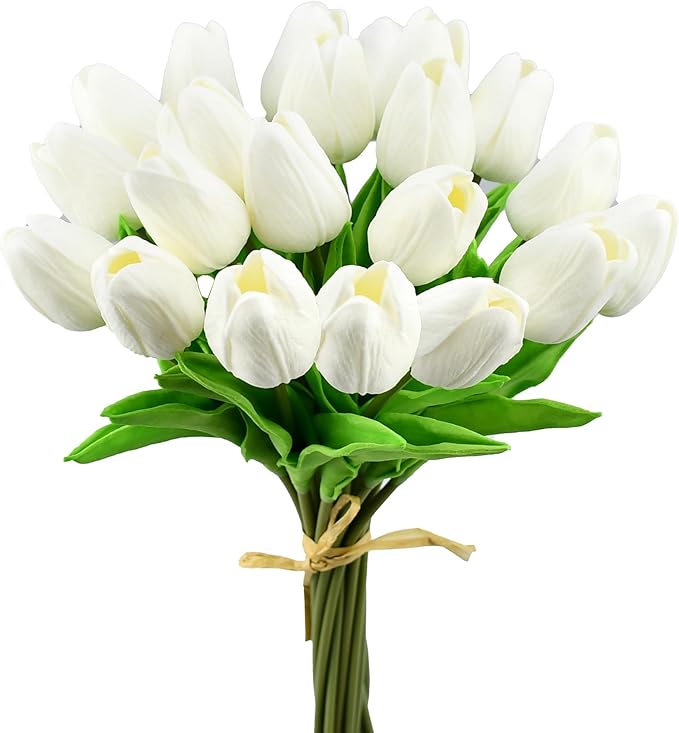 Mandy's Pure White Artificial Tulips Flowers Centerpiece, 13.5" Lifelike PU Fake Floral Stems 20pcs for Kitchen Island & Dining Table, Spring Decor for Easter