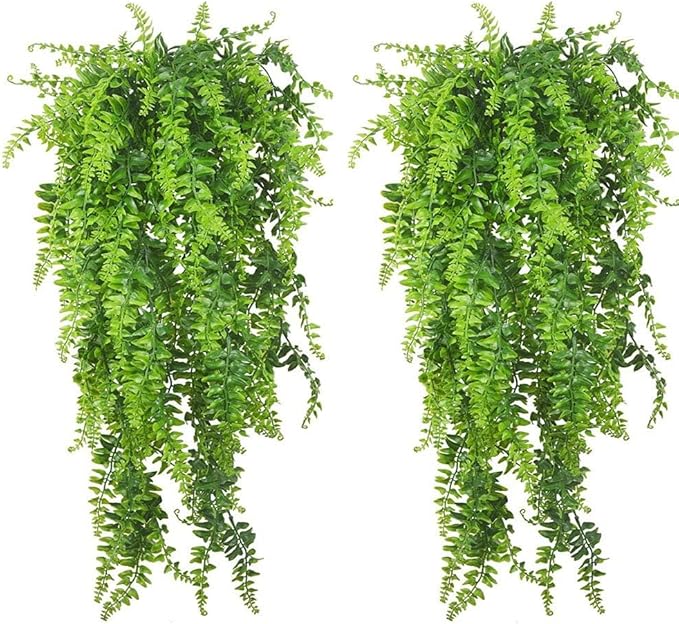 PINVNBY Reptile Plants Hanging Fake Vines Boston Climbing Terrarium Plant with Suction Cup for Bearded Dragons Lizards Crested Gecko Snake Hermit Crab and Tank Habitat Decorations (2 Pack)