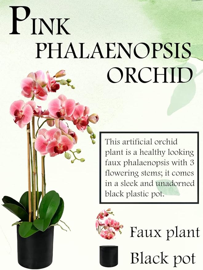 Serene Spaces Living 3 Pink Realistic Phalaenopsis Orchids in Black Plastic Pot, Artificial Potted Flowers - Beautiful Entryway Vase, Foyer Table Décor, Great Gift, Measures 5" Diameter & 26" Tall
