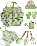 Handmade Kids Gardening Tools Set - 8Pc Artisan Garden Kit with Real Wood Handles, Metal Heads, Frog Hat, Panda Apron & Tote - Nature Learning Gift for Toddlers & Kids (Sage Green)