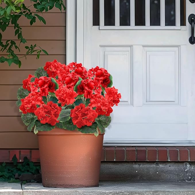 2 Pack Artificial Geranium Fake Flowers for Outdoors Spring Summer Decor, Silk Geraniums Red Flowers UV Resistant Faux Flower Potted Plants for Gardens Farmhouse Indoor Home Table Decor (Red)
