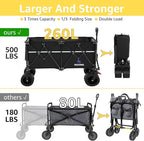 ROSONG Collapsible Wagon Cart with Wheels Foldable - Folding Utility Heavy Duty Wagons Carts for Grocery Sports Garden Shopping Camping Wheelbarrows (Black, 260L)