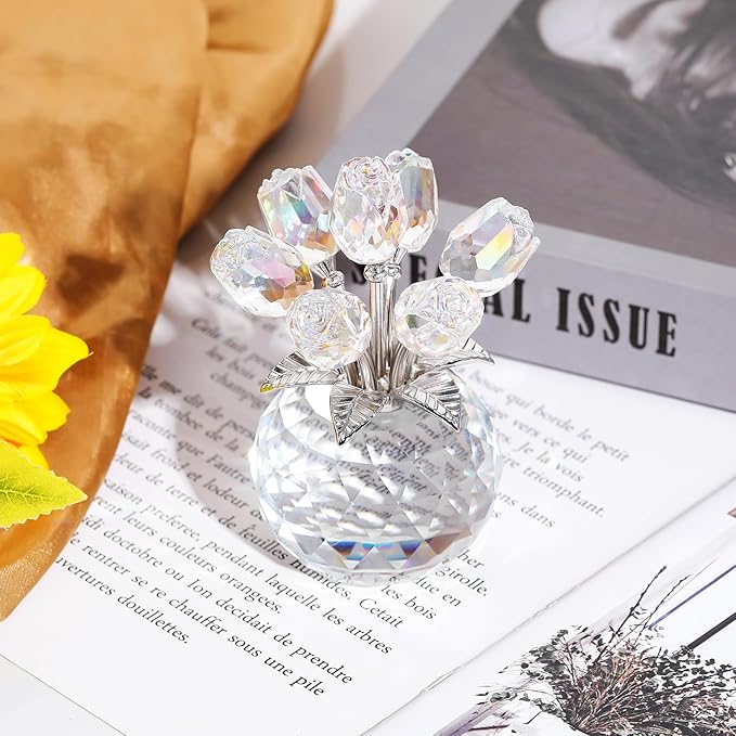 YWHL Handmade Crystal Clear Rose Flower Figurine with Round Vase, Romantic Rose Gifts for Women on Anniversary Birthday Christmas, Glass Rose for Mom Wife Grandma, Wedding Home Decorations