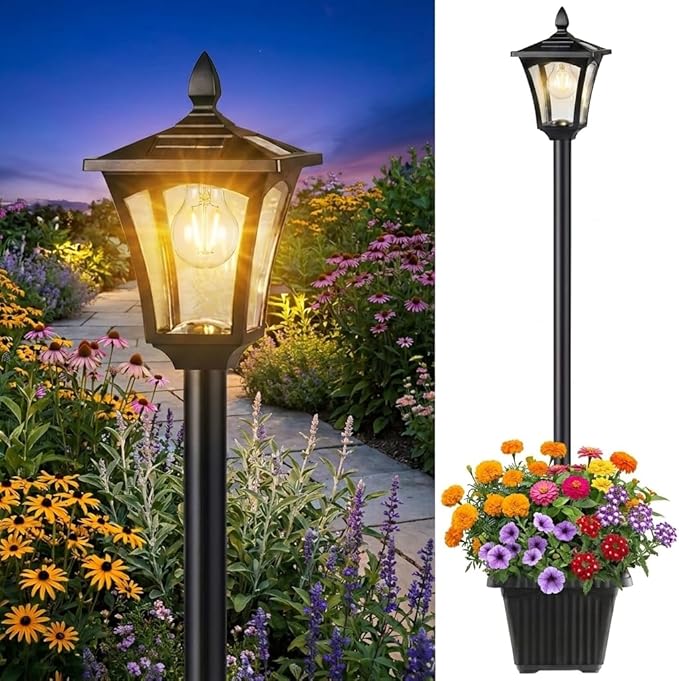 Benany 76" Solar Lamp Post Lights with Planter, Glass & Metal Street Light Outdoor Waterproof, 60 Lumens Dusk to Dawn Solar Pole Light for Garden, Yard, Driveway, Porch, Patio, Warm White