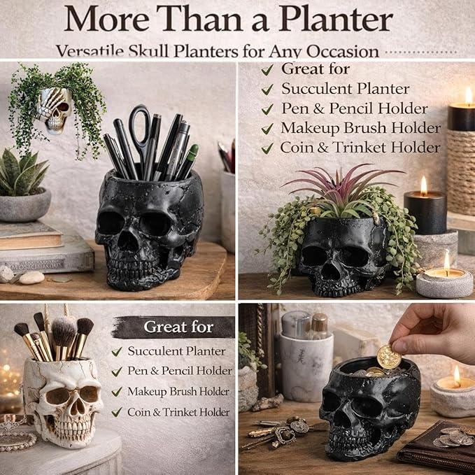 Resin Air Plant Holders,Tilandsia Container,Gothic Skeleton Planter,Halloween Plant Pot,Tillandsia Pot, Skull Table Top Display Planters for Air Plants and Other Mini Plants (White No.2, 7*5*3.2'')