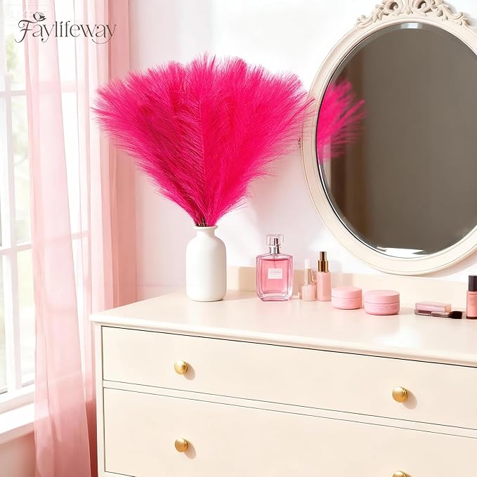 50 PCS Hot Pink Pampas Grass, 17in Pampas Grass Decor, Artificial Pompas Wall Decor for Vase Room Bedroom Kitchen Table Wedding Party Birthday Baby Showers（Hot Pink）