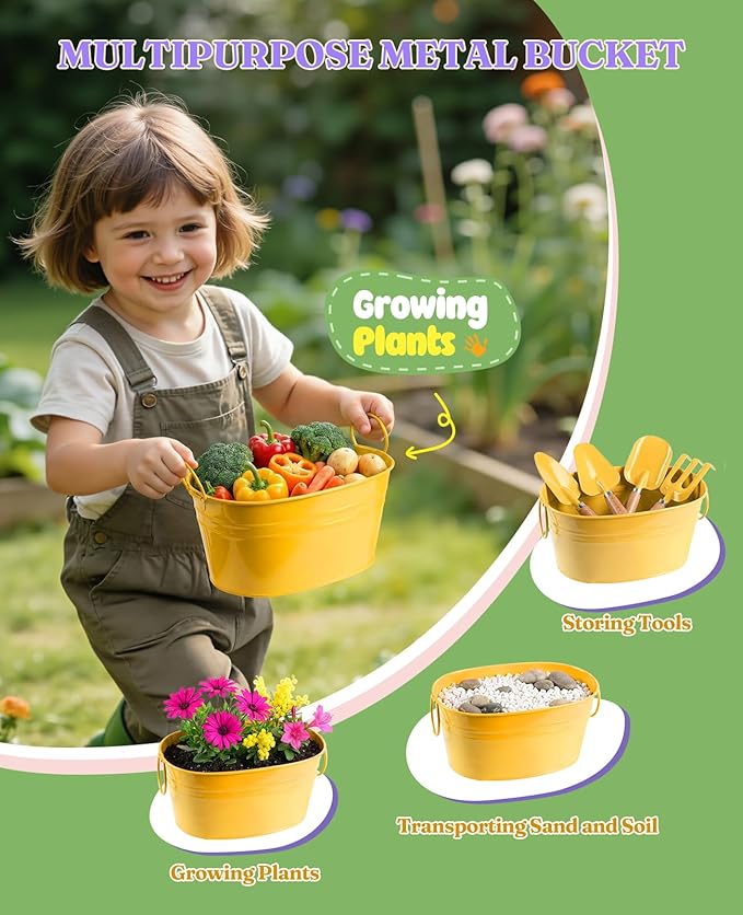 8Pcs Kids Gardening Set with Metal Basket & Real Metal Tools, STEM Outdoor Kit, Ergonomic Wooden Handles, 3 Shovels, Rake, Watering Can, Gloves, Tote Bag, Gift for Toddler Boys Girls, Yellow