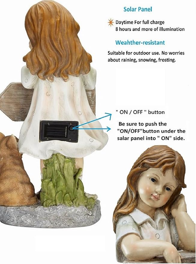 Girl Garden Statue with Solar LED Lights, Solar Girl Welcome Sign with Cat Garden Statue for Outdoor Decor, Porch, Patio, Yard Art Decorations, Polyresin 17.3 inch