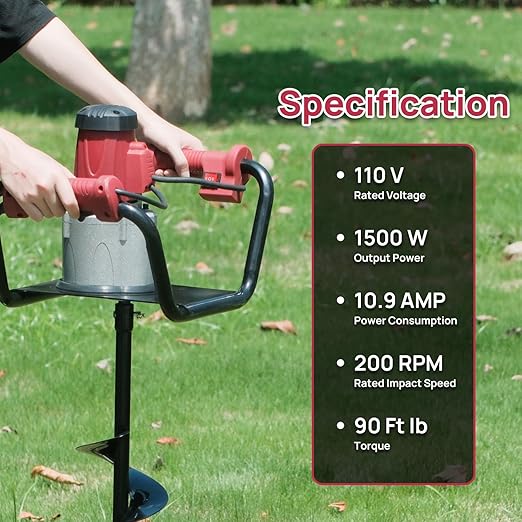 DC HOUSE 1500W Electric Post Hole Digger Earth Auger Hole Digger Digging Tools Auger with 6" Digging Bit Set with Reverse Function, Prune Farmland and Garden