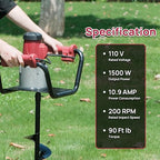 DC HOUSE 1500W Electric Post Hole Digger Earth Auger Hole Digger Digging Tools Auger with 6" Digging Bit Set with Reverse Function, Prune Farmland and Garden