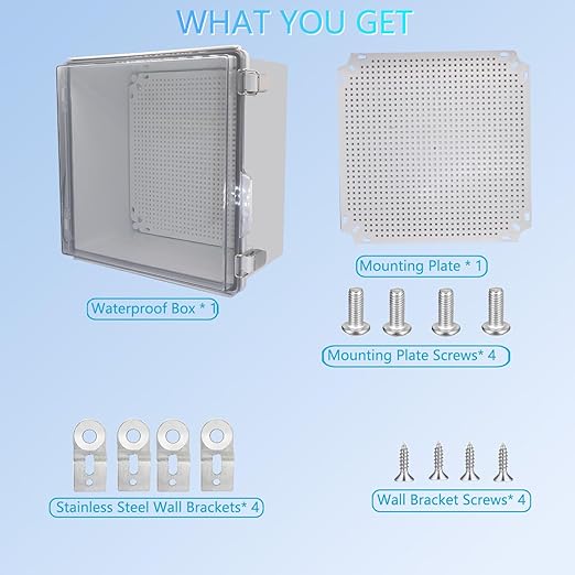 Waterproof Junction Box, ABS Plastic Electrical Box with Stainless Steel Latch, Hinged Cover Electric Project Enclosure Box with Mounting Plate, Wall Brackets,Clear 11.8"x11.8"x7.1"