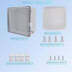 Waterproof Junction Box, ABS Plastic Electrical Box with Stainless Steel Latch, Hinged Cover Electric Project Enclosure Box with Mounting Plate, Wall Brackets,Clear 11.8"x11.8"x7.1"