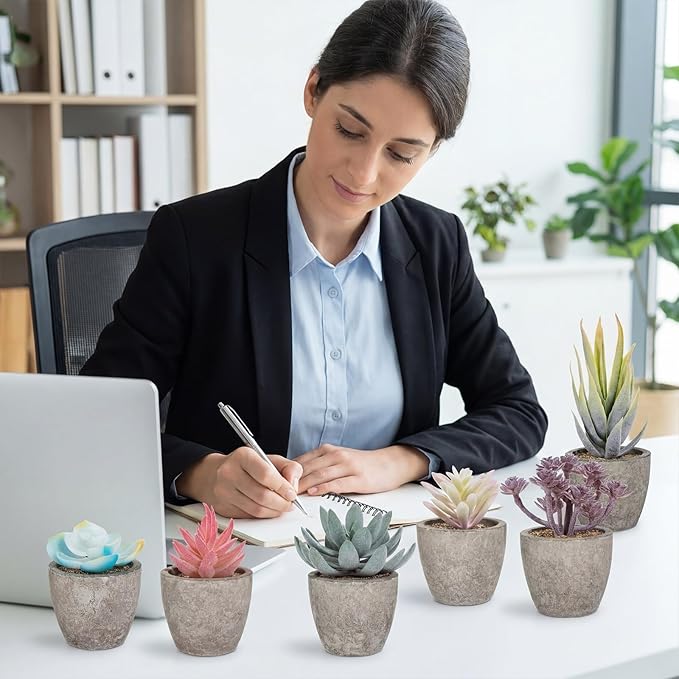 Set of 6 Artificial Succulents Potted - Realistic Mini Fake Cactus Plants in Paper Pulp Pots, 2-4'' Mixed Sizes for Farmhouse Shelf, Bathroom, Coatrack Shelf, Bedroom Indoor(Vivid Style)