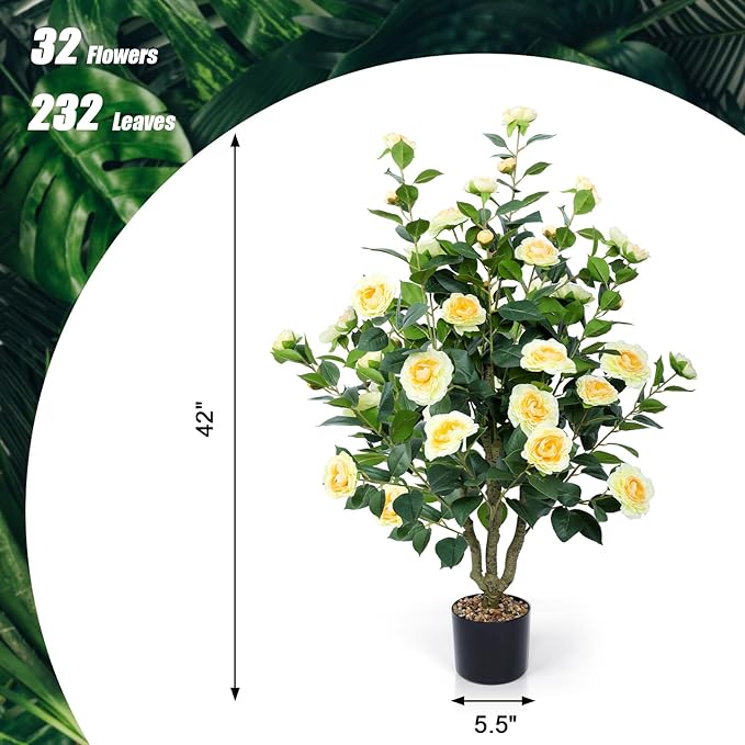 Artificial Camellia Tree 2 Pack 42" Faux Camellia Plant in Pot with 32 Blooming Flowers Fake Flower Tree Greenery Potted Plant for Indoor Outdoor Office Home Porch Decor Yellow