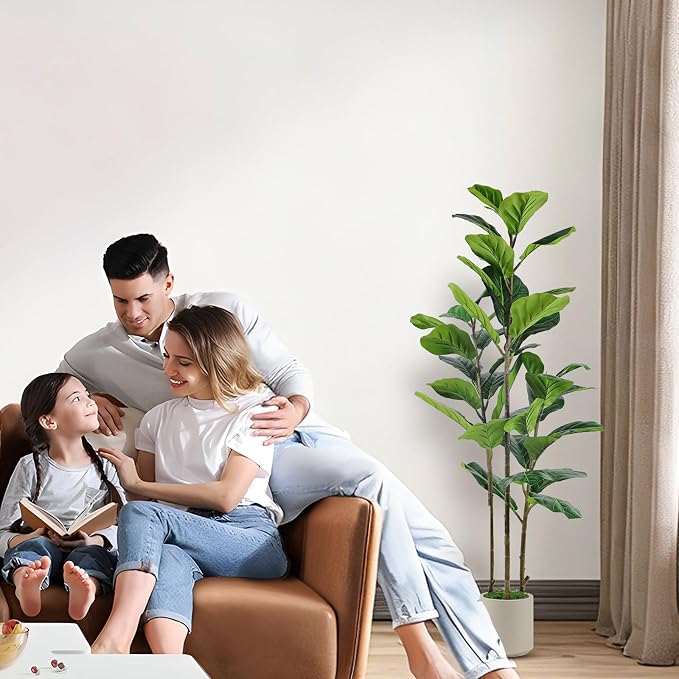 Alupssuc 5FT Artificial Fiddle Leaf Fig Tree with White Planter Pot, 5 feet Tall Fake Tree for Home Decor, Faux Ficus Tree Fake Moss for Indoor Outdoor Office Living Room