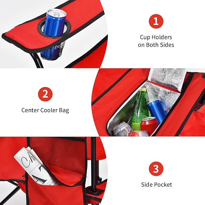 Goplus Double Camping Chair with Umbrella, Folding Loveseat Chairs w/Canopy Shade, Carrying Bag, Table, Cup Holder, Portable Beach Chairs Outdoor Picnic Patio (Red)