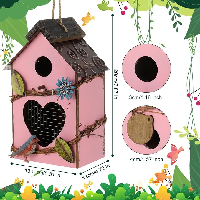 DoubleFill 2 Pcs Birdhouses for Outdoor Hanging Yard Outside Wooden Birdhouse Hand Painted Bird Box for Bird Lovers Bluebird Tree Garden Decor Decorative Birdhouse(Pink,Yellow,Iron Roof)