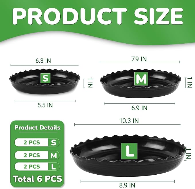 Wave Plant Saucer - 6/8/10 inch Plant Trays to Catch Water, Plastic Flower Pot Saucers for Indoor and Outdoor Garden（6 Packs ）