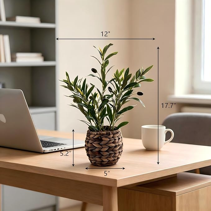 17.7" Small Boho Artificial Olive Plant, Faux Greenery in Brown Handwoven Rattan Basket, Ideal for Office Desk Kitchen Shelf Home Decor