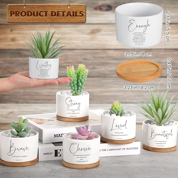 Fumete 12 Pcs Bible Verse Succulent Pots with Tray Drainage, 3 x 2 in Inspirational Mini Ceramic Flower Planter Christian Religious Gifts for Women Men Teacher Guest Staff Church(Affirmation Series)