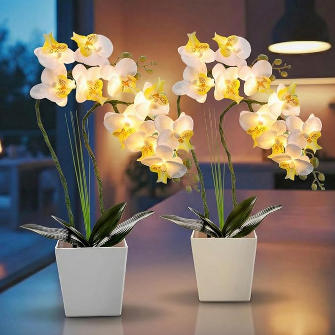Riceshoot 2 Pack Lamp-LED Lighted Orchids Artificial Flowers, 20" White Real to Touch Faux Orchid with Pots Silk Phalaenopsis Plant for Table Centerpieces Home Office Living Room Wedding Decoration