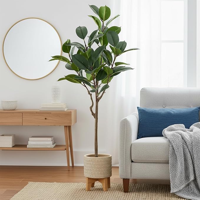 Set of 2 Artificial Rubber Tree 4ft Indoor with Lifelike Leaves and Trunks, Artificial Plants in Pot Ideal for Home Office Decor, Living Room Bedroom Bathroom Corner