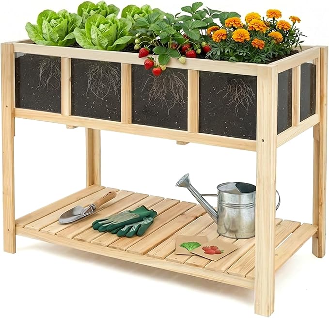 Raised Garden Bed Outdoor with Shelf, 43.7''x23.2''x30.7''Wood Planter Box with Transparent Window, Drainage Holes, Liner, Garden Beds Flower Stand for Balcony Kitchen, Gift for Gardening