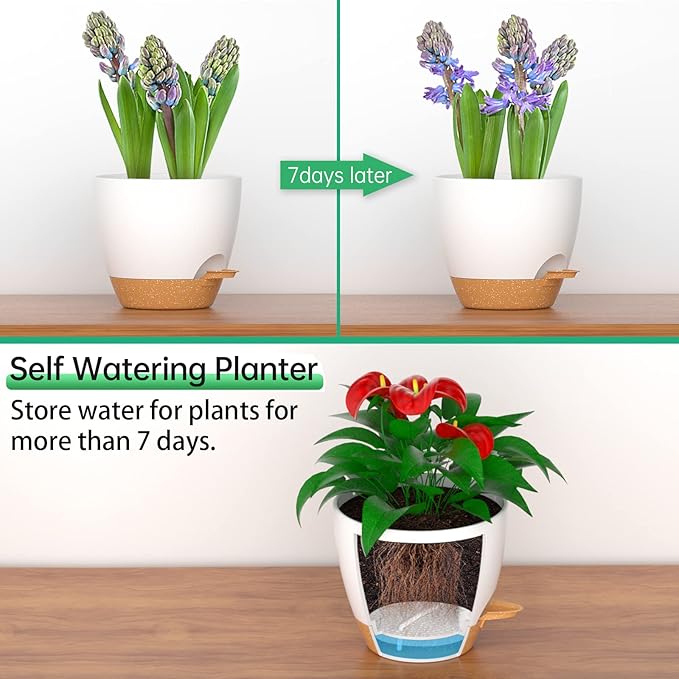 ZMTECH 10 Inch Plant Pots Set of 2 Planters for Indoor Plants Self Watering Pots Flower Pots with Drainage Holes and Saucer for Outdoor Plants(White with Brown)