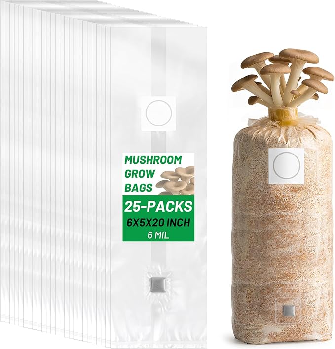 GREANER 6 Mil Grain Spawn Bags 25PCS, 6"x5"x20" Mushroom Bags for Growing with Injection Ports, Unicorn Bags Mushroom with 0.2 Micron Filter Breathable