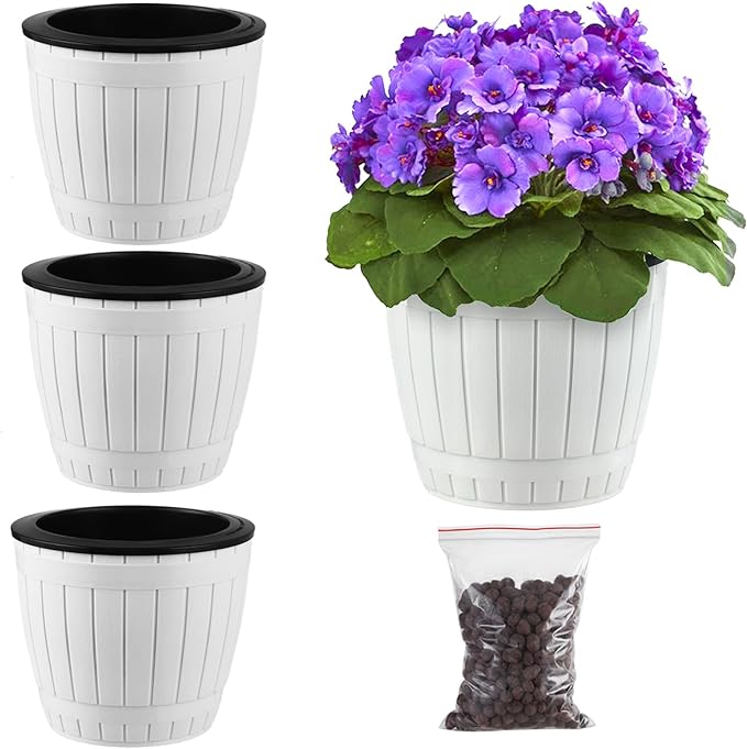 3 Packs 6.5 Inches Self Watering Pots for Indoor Plants Large Plastic African Violet Pots Home Flower Pot Planters for Devil's Ivy, Spider Plant, White