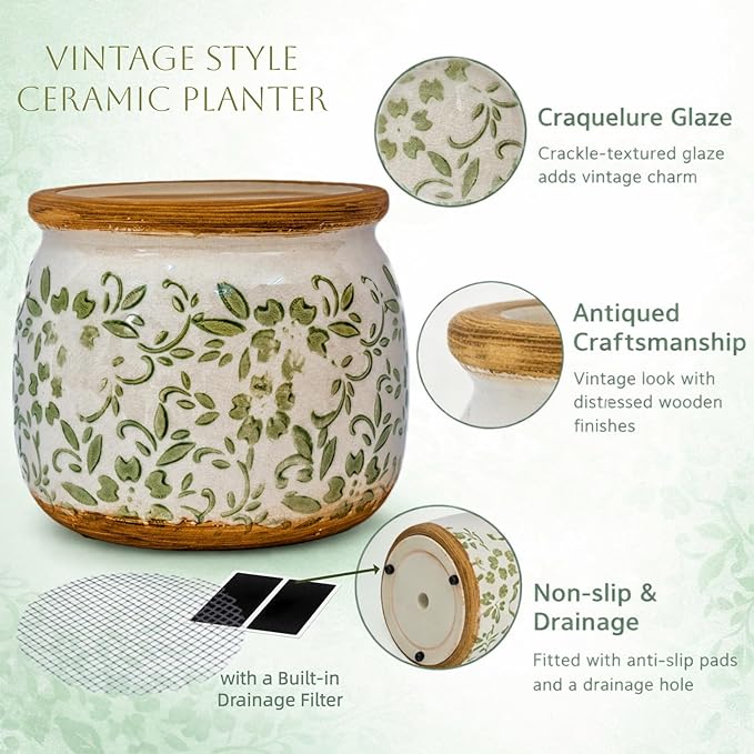 Vintage Ceramic Flower Pot - Indoor Outdoor Planters with Drainage Holes & Filter Screen, 6.5’’ Small Rustic Farmhouse Decorative Plant Pots for Garden/Patio/Balcony (Green Vines, Small)