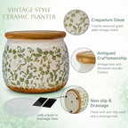 Vintage Ceramic Flower Pot - Indoor Outdoor Planters with Drainage Holes & Filter Screen, 6.5’’ Small Rustic Farmhouse Decorative Plant Pots for Garden/Patio/Balcony (Green Vines, Small)