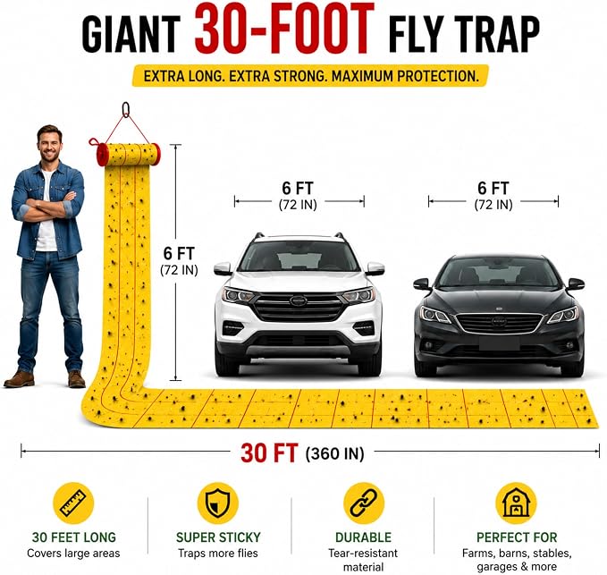 Qualirey Giant Sticky Fly Traps, Fly Strips for Indoor Outdoor Hanging Flying Tapes Non Toxic Ribbon Fruit Gnat Killer for Mosquito Plants House Horse Stable(442.95ft,Yellow,15 Pcs)