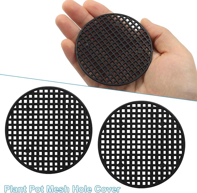 50pcs Plant Drainage Mesh Pads - 2.2 Inch Round Plastic Grid Mat, Breathable Soil Guard for Potted Plants, Bonsai (Black)