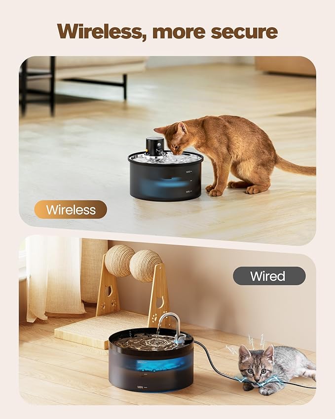 Battery Operated Cat Water Fountain: Wireless Pet Fountain with Filter | 108oz/3.2L Cordless Cat Dispenser with Motion Sensor Rechargeable Automatic Drinking Fountains for Cats Indoor -Plastic model