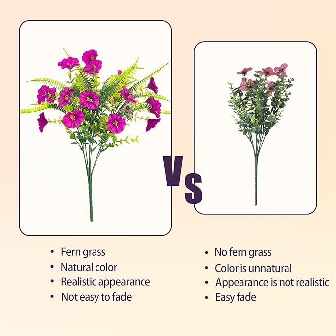 Artificial Flowers for Outdoors 12 Bundles Artificial Petunias Fake Flowers UV Resistant Shrubs Plants with Fern for Indoor Outside Hanging Planters Home Garden Spring Decorations (Magenta)