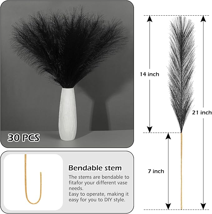 SeptCat 30 Pcs Pampas Grass Black Decor 21.7" Fluffy Faux Short Pampas Grass Artificial Small Pompas Grass Flower Vase Filler for Home Wedding Living Room Wall Party Decoration