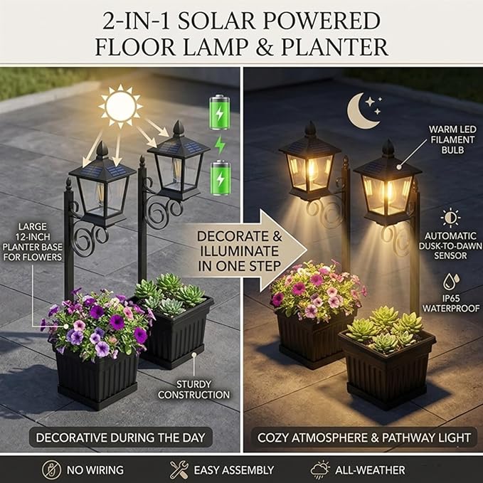 2-in-1 Outdoor Solar Lamp Post Light with Planter: Illuminate & Decorate Your Garden, 2-in-1 Solar Lamp Post with Planter, Solar Post Light with Planter, for Patio, Front/Back Door Decor (1 Set)