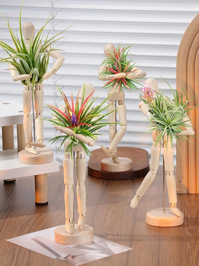 ANPHSIN 4 Pcs 8.6'' Wooden Air Plant Holder - Unique Jointed Mannequin Airplant Stand with Adjustable Poses, Tillandsia Display Container for Home Office Decoration Housewarming Gift
