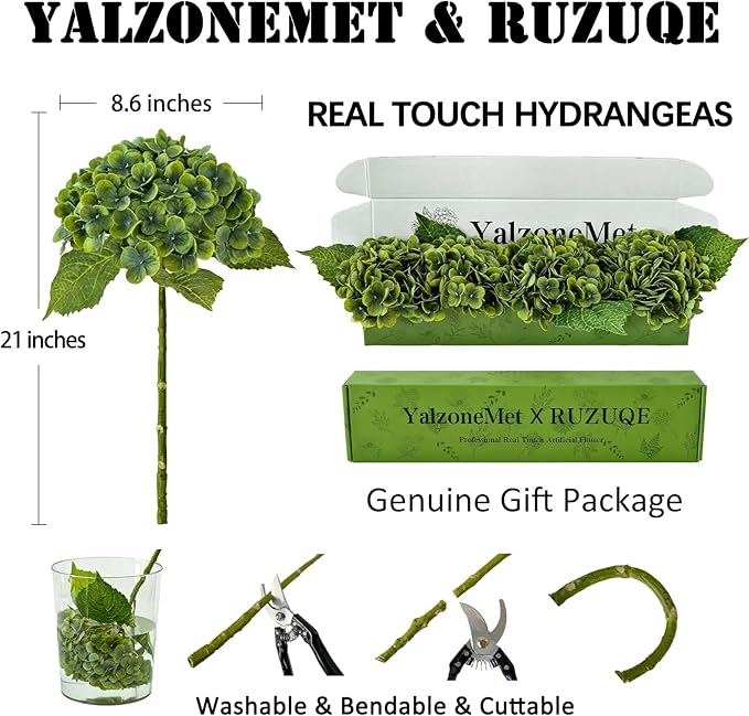 YalzoneMet 4Pcs Dark Green Real Touch Hydrangea Artificial Flowers 21'' Faux Latex Hydrangea Flowers for Fall Table Centerpieces Fake Flowers for Home Kitchen Living Room Boho Decor