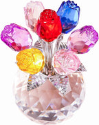 YWHL Handmade Crystal Colorful Rose Flower Figurine with Round Vase, Romantic Rose Gifts for Women on Anniversary Birthday Chrismas, Glass Rose for Grandma Mom Wife, Wedding Home Decorations