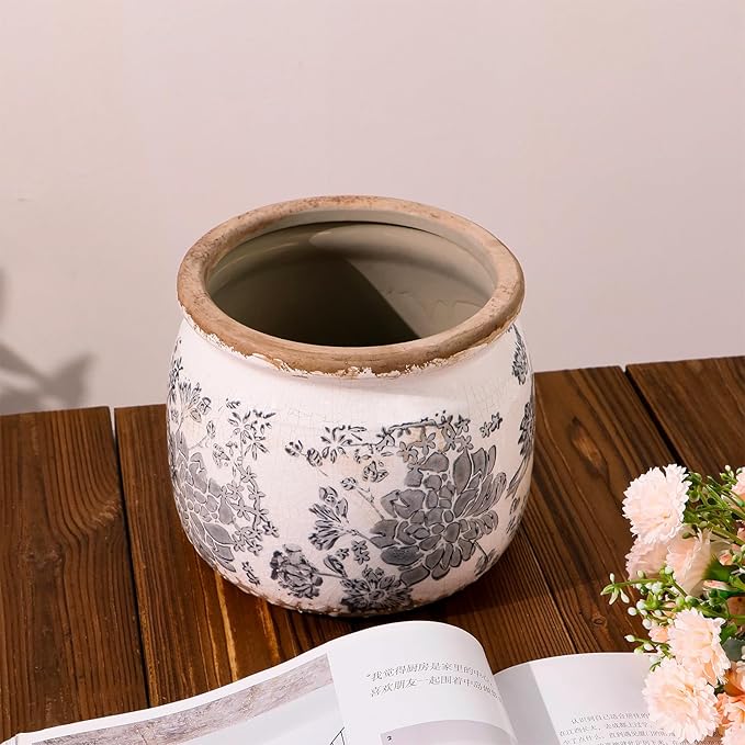 Dosayes Flower Pot,Vintage Gray Ceramic Pot for Planter with Drainage Holes, 6.29 inch Ice Crack Glazed Small Rustic Planters Pot for Indoor,Tucan Home Decor,Gardening Gifts