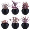 GREENTIME 6 Pcs Purple Artificial Succulents Valentine's Day in Black Plastic Pots Couple Gift Small Fake Succulent Plant Room Decor for Women Office Indoor Bedroom Bathroom Table Shelf Decoration