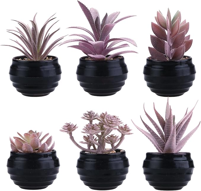 GREENTIME 6 Pcs Purple Artificial Succulents Valentine's Day in Black Plastic Pots Couple Gift Small Fake Succulent Plant Room Decor for Women Office Indoor Bedroom Bathroom Table Shelf Decoration