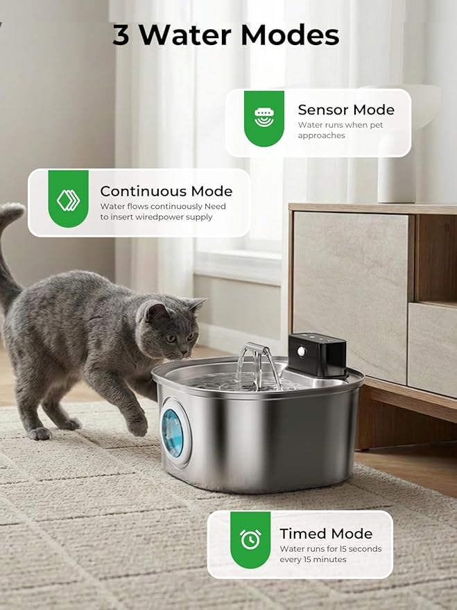 Voluas Stainless Steel Wireless Cat Water Fountain: 3.2L/108oz 3-Modes Pet Drinking Fountain Indoor Cordless Motion Sensor with Pet Water Dispenser Bowl with Water Level Window, BPA-Free, 4Filter