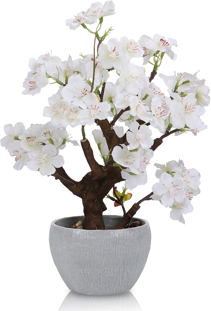 TOARTi Artificial White Cherry Blossom Potted Plant with Stone Pot, 12.6" Fake Flowers Potted Faux Plant Desk Decor, Realistic Decorative Plants Indoor Decor for for Home Bedroom Bathroom Office Desk