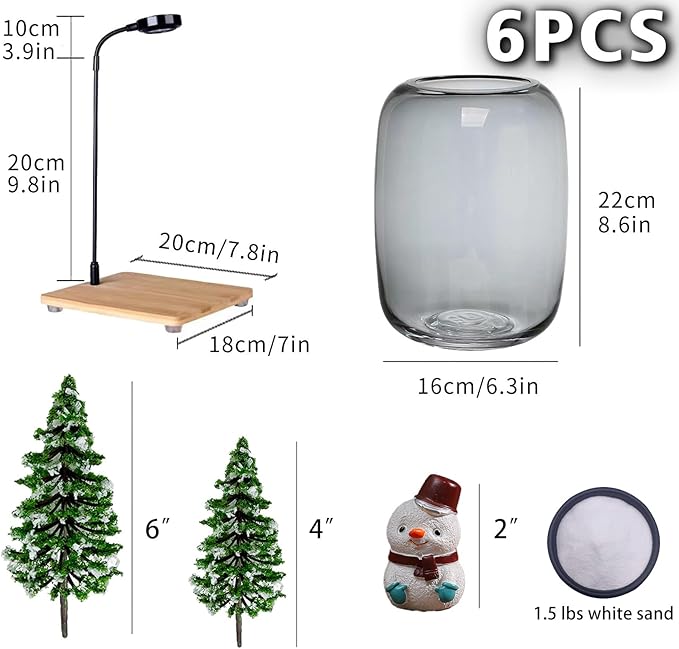 SARUFO Glass Plant Terrarium Kit, 6.3"X8.6" Micro-Landscape Vase with Light, Snowman and Pine Trees, for Home Office Tabletop Decoration, Wardian, Unique