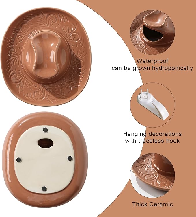 Hanging Wall Planters for Indoor Plants, Wall Vases for Flowers, Ceramic Cowboy Hat Vases for Decor, for Bathroom, Living Room, Office, and Home Decor. Brown